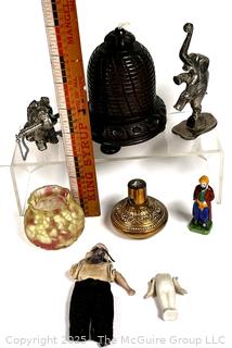 Wood Bee Hive String Holder, Elephant Figure, Art Glass, Porcelain Dolls, Pencil Holder and Victorian Door Knob.
