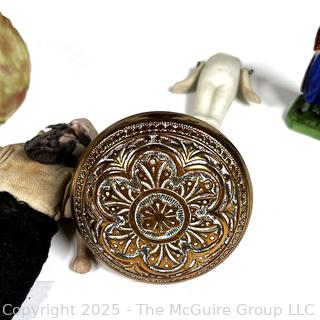 Wood Bee Hive String Holder, Elephant Figure, Art Glass, Porcelain Dolls, Pencil Holder and Victorian Door Knob.
