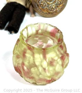 Wood Bee Hive String Holder, Elephant Figure, Art Glass, Porcelain Dolls, Pencil Holder and Victorian Door Knob.
