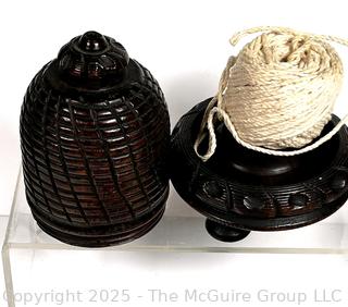 Wood Bee Hive String Holder, Elephant Figure, Art Glass, Porcelain Dolls, Pencil Holder and Victorian Door Knob.
