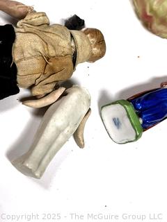 Wood Bee Hive String Holder, Elephant Figure, Art Glass, Porcelain Dolls, Pencil Holder and Victorian Door Knob.
