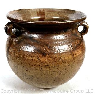 Brown Glazed Double Handled Stoneware Pot.  10"