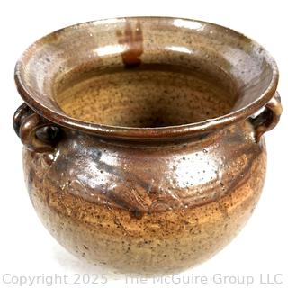 Brown Glazed Double Handled Stoneware Pot.  10"