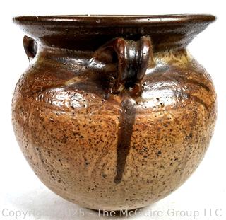 Brown Glazed Double Handled Stoneware Pot.  10"