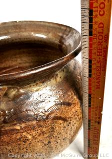 Brown Glazed Double Handled Stoneware Pot.  10"