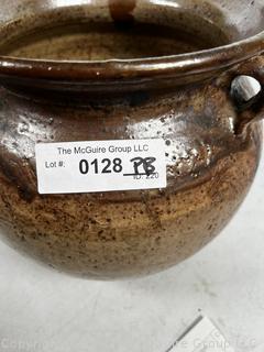 Brown Glazed Double Handled Stoneware Pot.  10"