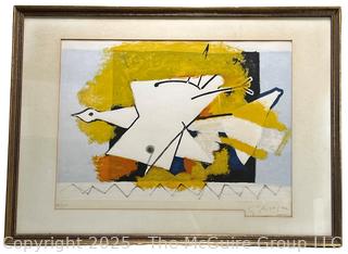 Framed Under Glass Color Lithograph Titled L’oiseau Jaune (The Yellow Bird) 1959 Pencil Signed and Numbered by Artist Georges Braque. 22" x 31"