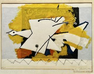 Framed Under Glass Color Lithograph Titled L’oiseau Jaune (The Yellow Bird) 1959 Pencil Signed and Numbered by Artist Georges Braque. 22" x 31"