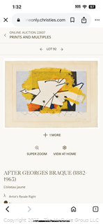 Framed Under Glass Color Lithograph Titled L’oiseau Jaune (The Yellow Bird) 1959 Pencil Signed and Numbered by Artist Georges Braque. 22" x 31"