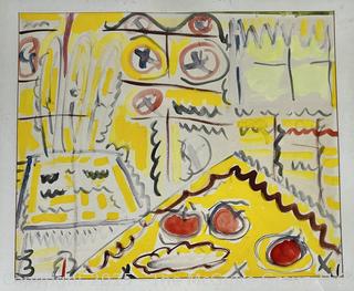 Framed Under Glass Paint On Paper Table Scene Signed by Artist MB. 21" x 23.5”