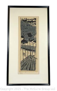 Framed Under Glass Linocut Lithograph Titled View from the Balcony Pencil Signed and Numbered by Jean Pougny (aka Ivan Puni). 13 x 24.5"