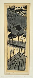 Framed Under Glass Linocut Lithograph Titled View from the Balcony Pencil Signed and Numbered by Jean Pougny (aka Ivan Puni). 13 x 24.5"