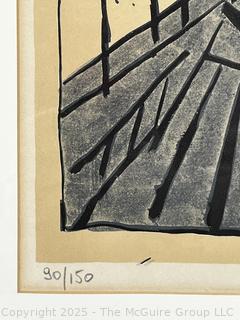 Framed Under Glass Linocut Lithograph Titled View from the Balcony Pencil Signed and Numbered by Jean Pougny (aka Ivan Puni). 13 x 24.5"