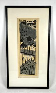 Framed Under Glass Linocut Lithograph Titled View from the Balcony Pencil Signed and Numbered by Jean Pougny (aka Ivan Puni). 13 x 24.5"
