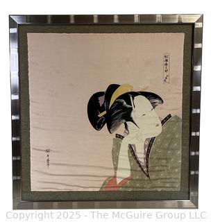 Framed Under Glass Silkscreen on Fabric of Geisha After Kitagawa Utamaro.  33" x 34"