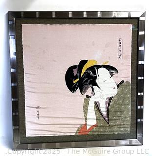Framed Under Glass Silkscreen on Fabric of Geisha After Kitagawa Utamaro.  33" x 34"