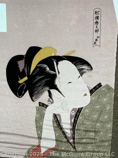 Framed Under Glass Silkscreen on Fabric of Geisha After Kitagawa Utamaro.  33" x 34"