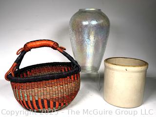 Rwanda Basket Company Tote, Crackle Glass Vase and Salt Glazed Crock. 