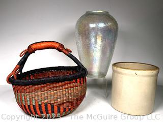 Rwanda Basket Company Tote, Crackle Glass Vase and Salt Glazed Crock. 