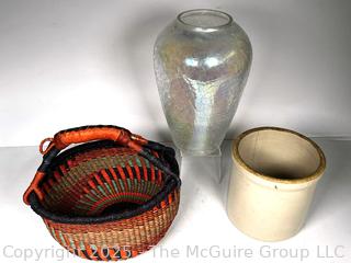 Rwanda Basket Company Tote, Crackle Glass Vase and Salt Glazed Crock. 