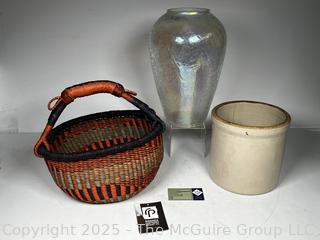 Rwanda Basket Company Tote, Crackle Glass Vase and Salt Glazed Crock. 