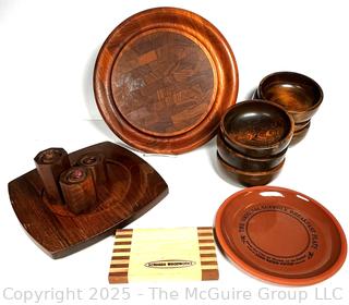 Group of Serving Items Including Wooden Bowls, Mytlewood Shakers and Mid Century Jens Quistgaard Dansk Round Tray