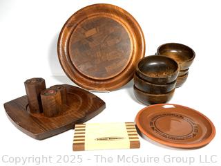 Group of Serving Items Including Wooden Bowls, Mytlewood Shakers and Mid Century Jens Quistgaard Dansk Round Tray