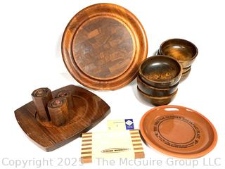 Group of Serving Items Including Wooden Bowls, Mytlewood Shakers and Mid Century Jens Quistgaard Dansk Round Tray