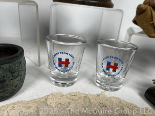 Decorative Items Including TEKT of USSR Pottery Figure, Hillary Clinton Presidential Campaign Shot Glasses, Elizabeth Arden Candle 