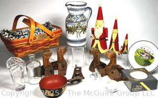 Decorative Ware Including Table Legs, Longaberger Basket and Hand Painted Pitcher