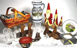 Decorative Ware Including Table Legs, Longaberger Basket and Hand Painted Pitcher