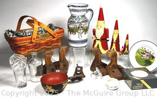 Decorative Ware Including Table Legs, Longaberger Basket and Hand Painted Pitcher