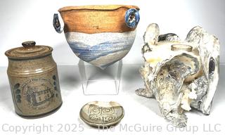 Pottery Hanging Planter, Canister and Pin Dish and Oyster Shell Candle
