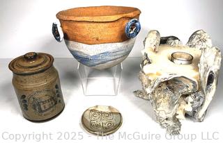 Pottery Hanging Planter, Canister and Pin Dish and Oyster Shell Candle
