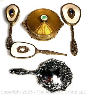 Five (5) Piece Regency Ormolu Vanity Set and Silver Plated Hand Mirror