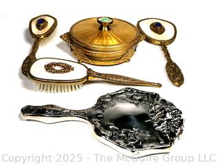 Five (5) Piece Regency Ormolu Vanity Set and Silver Plated Hand Mirror