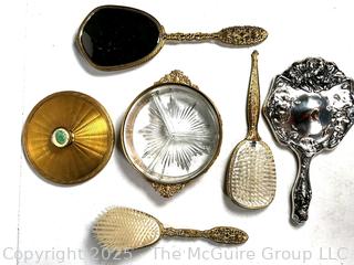 Five (5) Piece Regency Ormolu Vanity Set and Silver Plated Hand Mirror