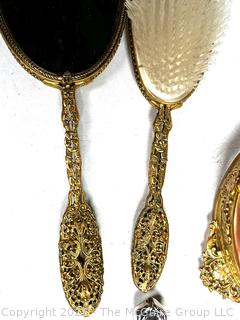 Five (5) Piece Regency Ormolu Vanity Set and Silver Plated Hand Mirror