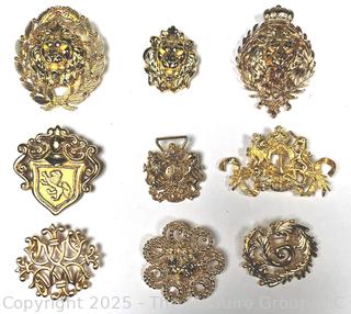 Nine (9) Gold Tone Costume Jewelry Brooches, Some Signed