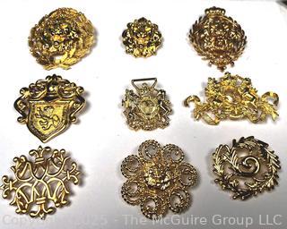 Nine (9) Gold Tone Costume Jewelry Brooches, Some Signed