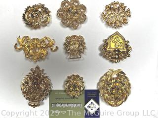 Nine (9) Gold Tone Costume Jewelry Brooches, Some Signed