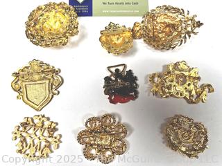 Nine (9) Gold Tone Costume Jewelry Brooches, Some Signed