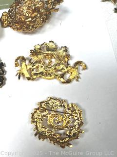 Nine (9) Gold Tone Costume Jewelry Brooches, Some Signed