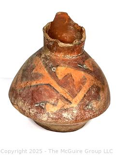 Pre-Columbian Mayan Mesoamerican Painted Terra Cotta Fired Clay Pot with Handle. 