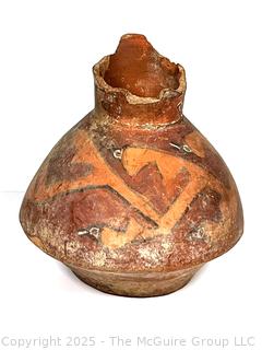 Pre-Columbian Mayan Mesoamerican Painted Terra Cotta Fired Clay Pot with Handle. 