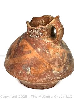 Pre-Columbian Mayan Mesoamerican Painted Terra Cotta Fired Clay Pot with Handle. 