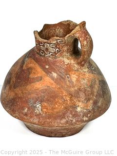 Pre-Columbian Mayan Mesoamerican Painted Terra Cotta Fired Clay Pot with Handle. 