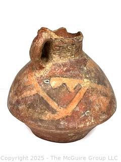 Pre-Columbian Mayan Mesoamerican Painted Terra Cotta Fired Clay Pot with Handle. 
