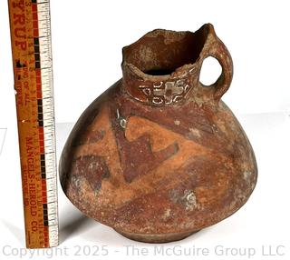 Pre-Columbian Mayan Mesoamerican Painted Terra Cotta Fired Clay Pot with Handle. 