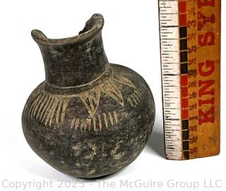 Small Pre-Columbian Mayan Mesoamerican Black Clay Chavin Pot with Engraved Decoration.  3" tall